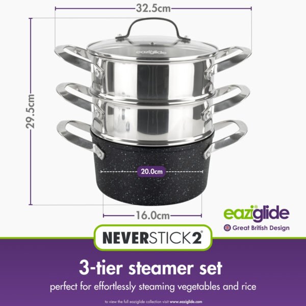 Eaziglide Neverstick2 3 Tier Steamer Set - Non Stick Steamer Pan