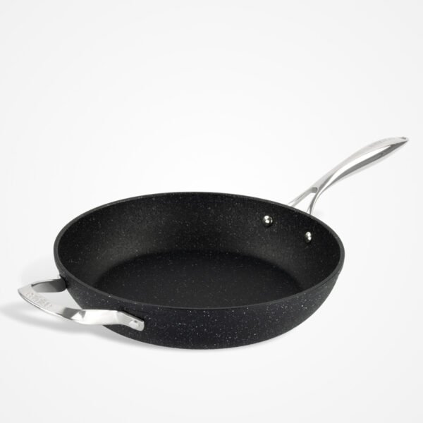 Eaziglide Neverstick2 30cm frying pan with a durable non-stick surface, deep sides, and a sturdy helper handle for easy lifting and control while cooking.