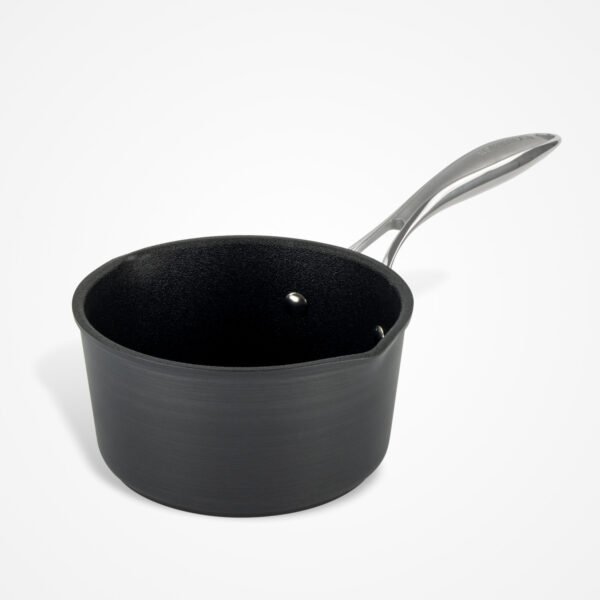 Eaziglide Neverstick3 16cm Milk Pan with Pouring Lips, non-stick milk saucepan with easy-pour spouts, durable coating, and ergonomic handle for heating milk, sauces, and soups.