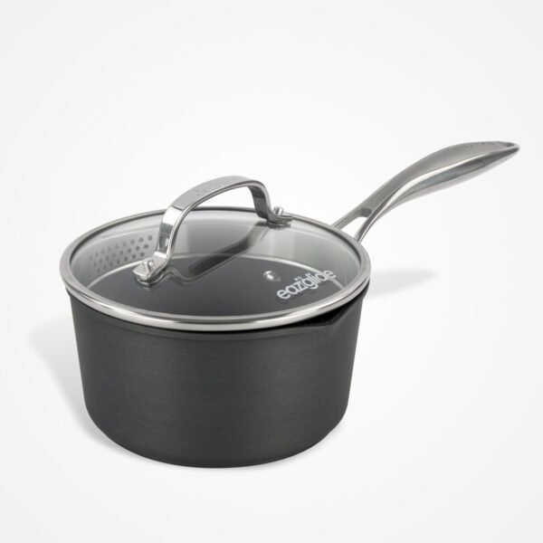 Eaziglide Neverstick3 16cm Saucepan with Lid, featuring a durable non-stick coating, ergonomic handle, and glass lid for everyday cooking and sauce preparation.