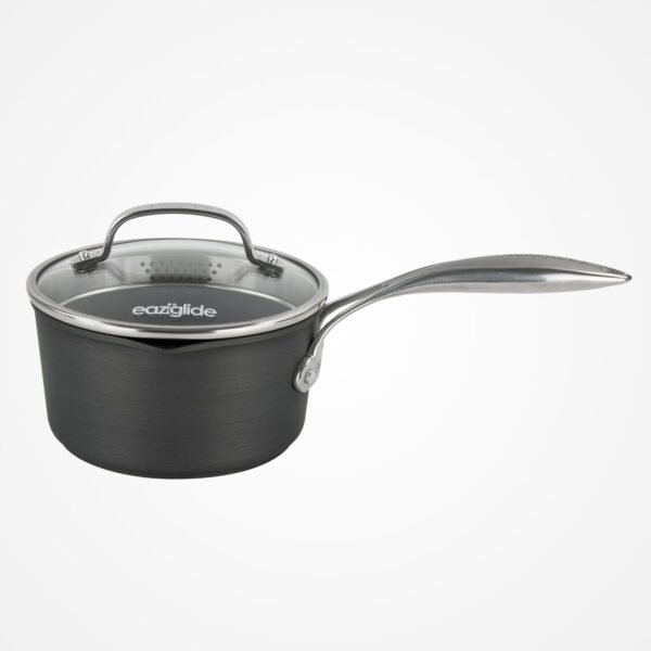 Eaziglide Neverstick3 16cm Saucepan with Lid, featuring a durable non-stick coating, ergonomic handle, and glass lid for everyday cooking and sauce preparation.