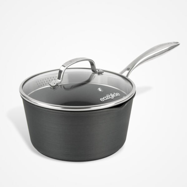 Eaziglide Neverstick3 20cm Saucepan with durable non-stick coating, ergonomic handle, and glass lid for everyday hob and oven cooking.