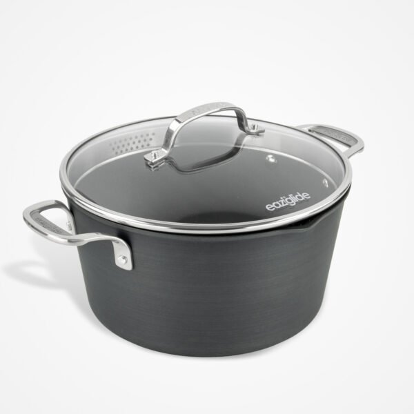 Eaziglide Neverstick3 24cm Casserole Pot with durable non-stick coating and glass lid, ideal for hob and oven cooking, stews, casseroles, and family meals.