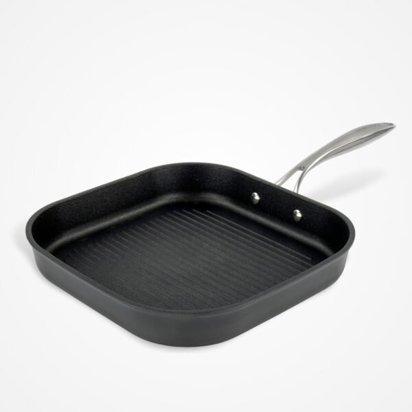 Eaziglide Neverstick3 28cm Non-Stick Grill Pan with ridged surface for searing and grilling, suitable for hob and oven cooking with an ergonomic handle.