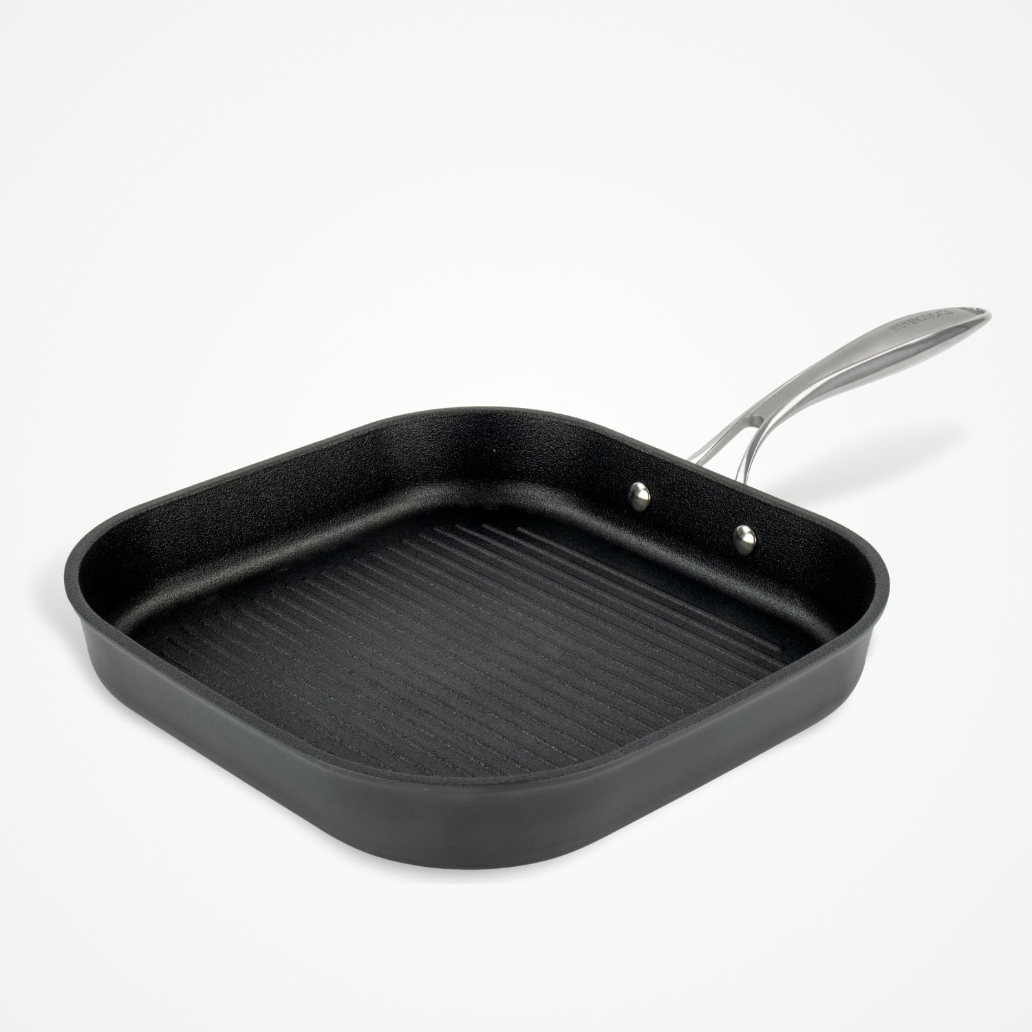 Eaziglide Neverstick3 28cm Non-Stick Grill Pan with ridged surface for searing and grilling, suitable for hob and oven cooking with an ergonomic handle.