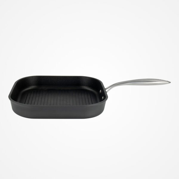Eaziglide Neverstick3 28cm Non-Stick Grill Pan with ridged surface for searing and grilling, suitable for hob and oven cooking with an ergonomic handle.