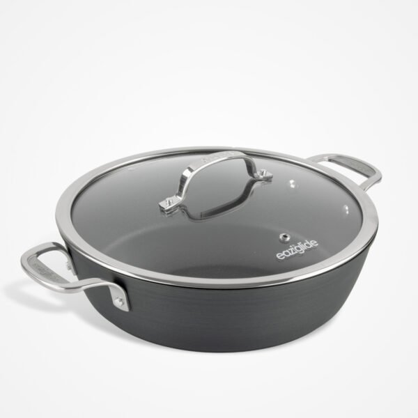 Eaziglide Neverstick3 28cm Shallow Casserole Pot with glass lid and durable non-stick coating, ideal for cooking stews, casseroles, and more on the hob or in the oven.