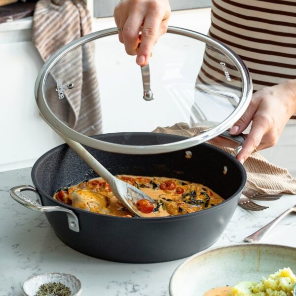 Eaziglide Neverstick3 28cm Shallow Casserole Pot with glass lid and durable non-stick coating, ideal for cooking stews, casseroles, and more on the hob or in the oven.