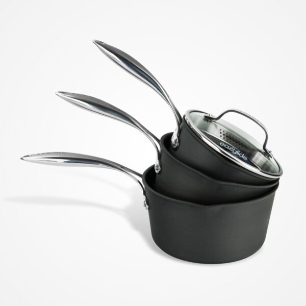 Eaziglide Neverstick3 3 Piece Saucepan Set with glass lids, featuring stacked non-stick saucepans and stainless steel handles.
