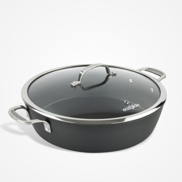 Eaziglide Neverstick3 32cm shallow casserole non-stick pan with lid, premium aluminium cookware designed for casseroles, stews, and braising, suitable for all hobs including induction