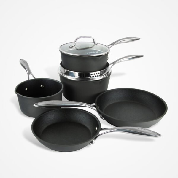 Eaziglide Neverstick3 5 Piece Cookware Set featuring durable non-stick pots and pans with stainless steel handles and glass lids.