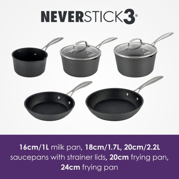 Eaziglide Neverstick3 5 Piece Cookware Set featuring durable non-stick pots and pans with stainless steel handles and glass lids.